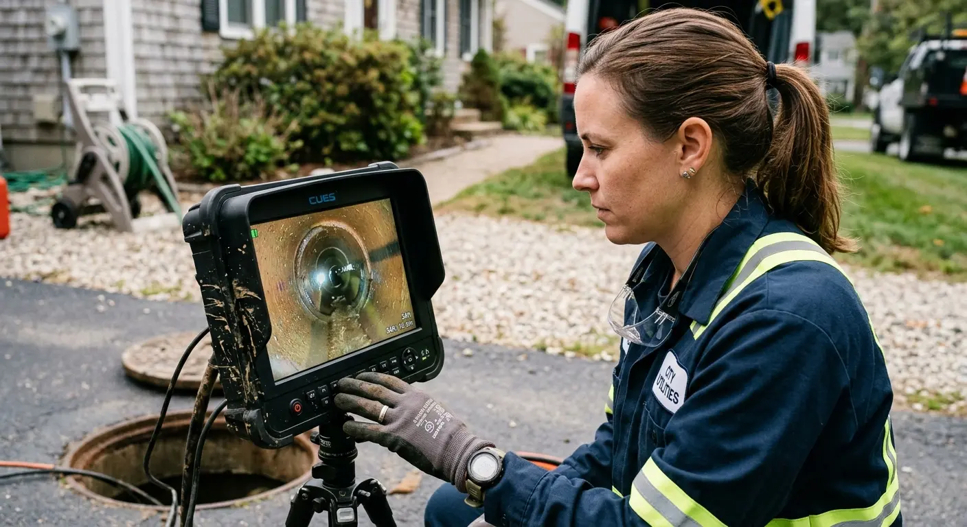 Technician reviewing sewer camera inspection footage in Keller