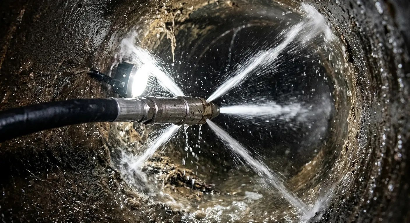 High-pressure hydro jetting nozzle cleaning sewer pipe for Sewer Cleanout in Keller