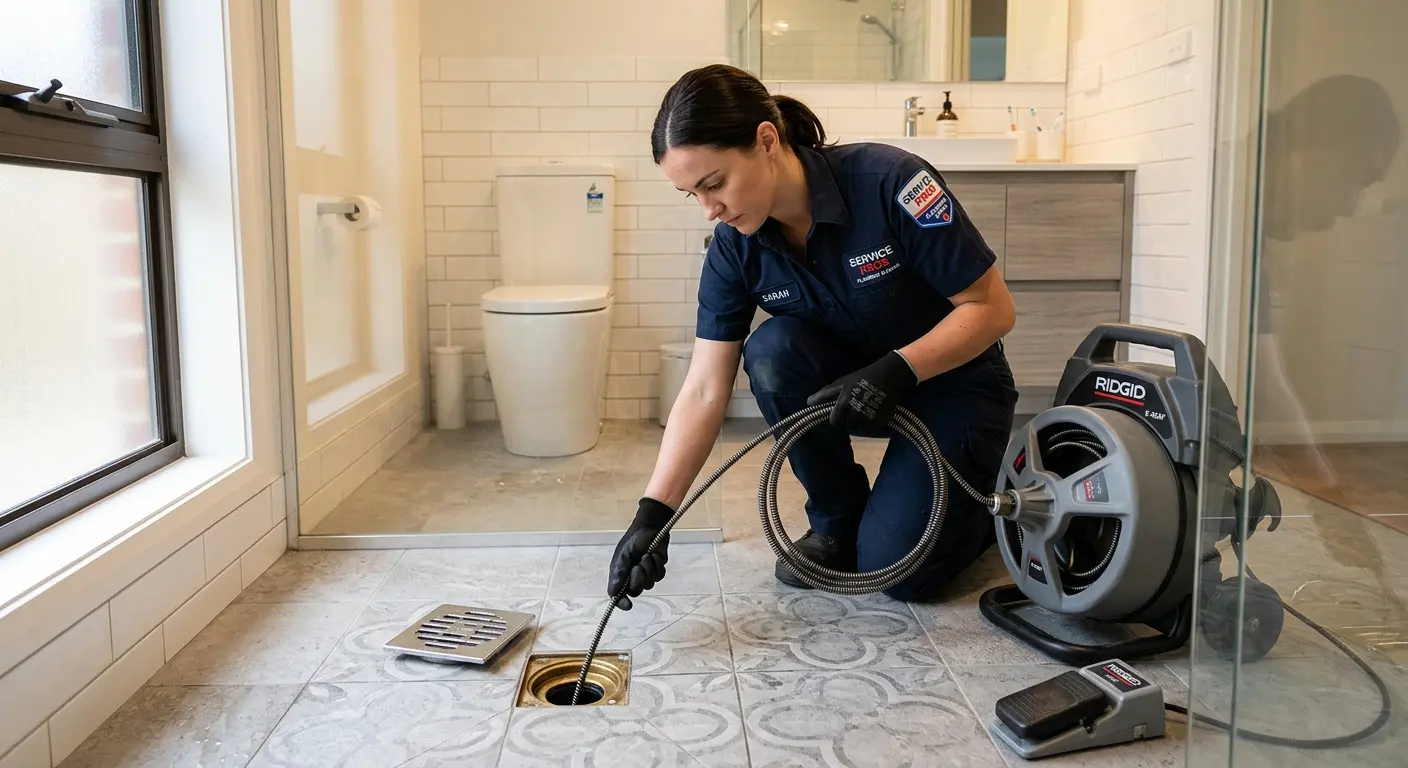Technician clearing a bathroom floor drain for Drain Repair in Keller